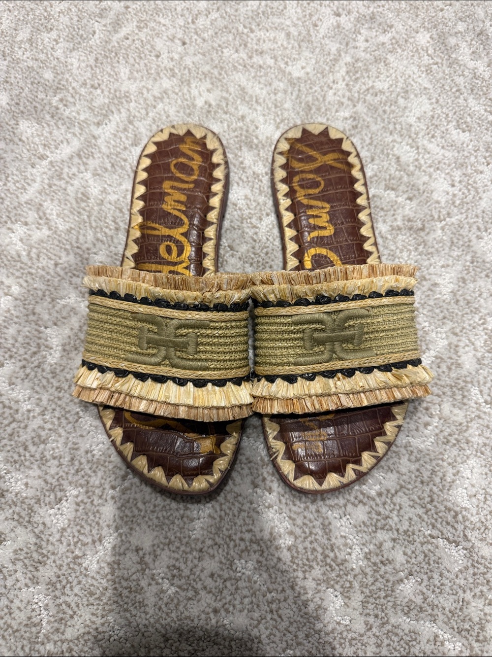 Sam Edelman Olive and Natural Raffia Fringe Slide Sandals